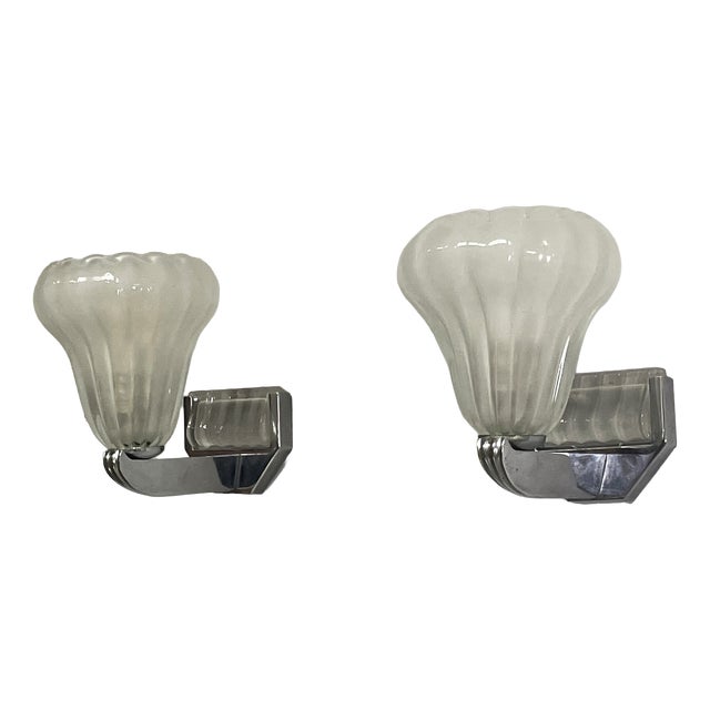 Italian Art Deco Wall Lamps in Glass and Metal, 1930s, Set of 2 For Sale