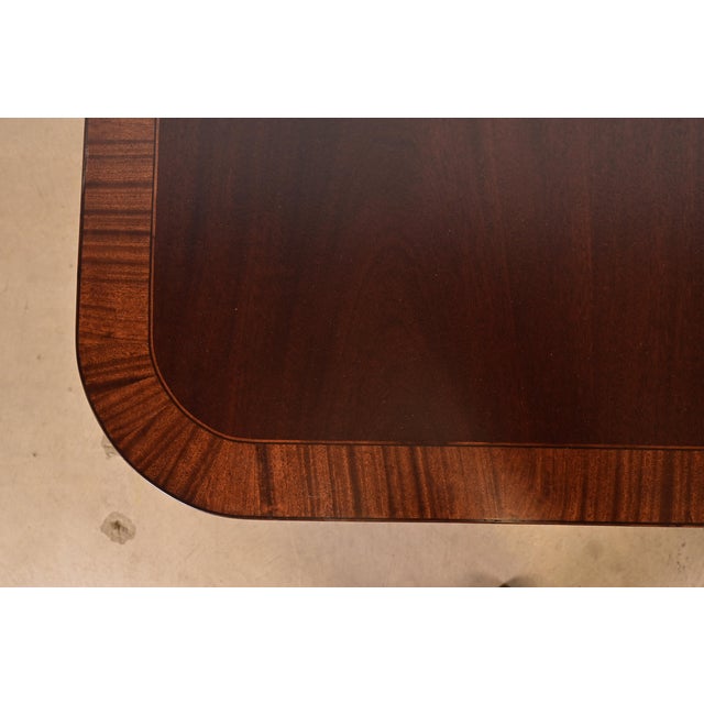 Baker Furniture Style Georgian Banded Mahogany Double Pedestal Extension Dining Table, Newly Refinished For Sale - Image 10 of 14