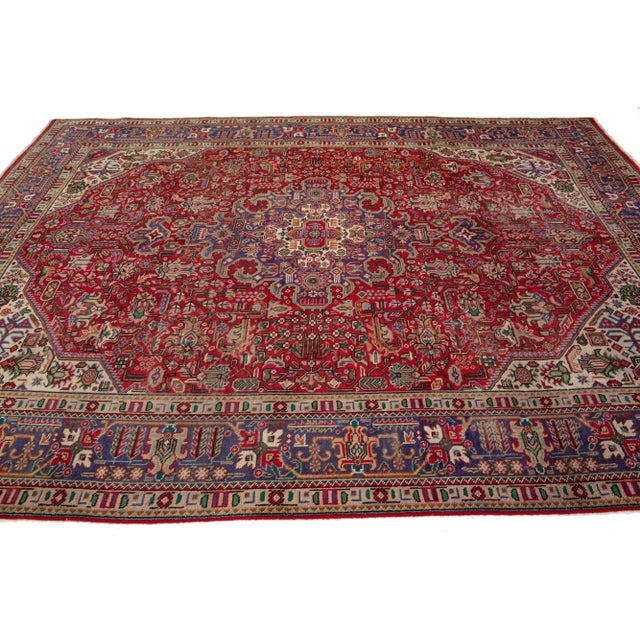 1950s Vintage Persian Tabriz Handmade Red Wool Rug For Sale - Image 5 of 7