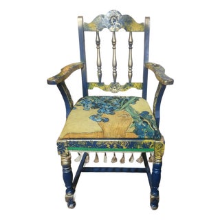 Bespoke Louis XVI Style Accent Armchair – Custom Van Gogh "Irises" Decoupage & Jewel-Toned Statement Seating For Sale