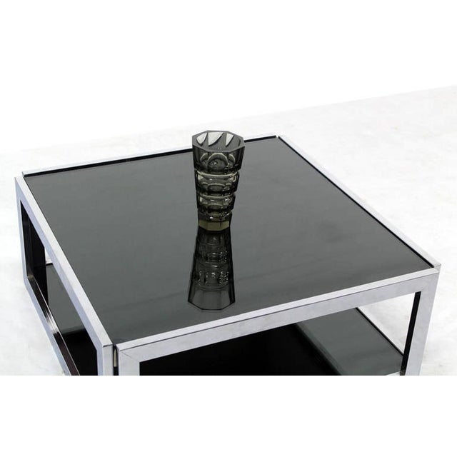 Metal Sharp Square 2 Tier Modern Chrome Base Smoked Glass Coffee Table w/ Shelf MINT For Sale - Image 7 of 10