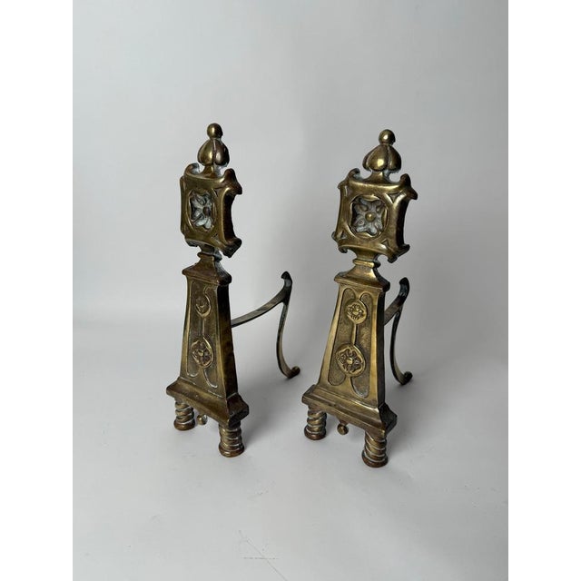 Brass Andirons with the Knights Templar Flower, 1850s, Set of 2 For Sale - Image 3 of 15