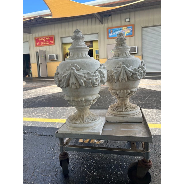 Late 20th Century Vintage Neoclassical Cast Concrete Garden Finials With Floral Garlands - A Pair -2 For Sale - Image 5 of 6