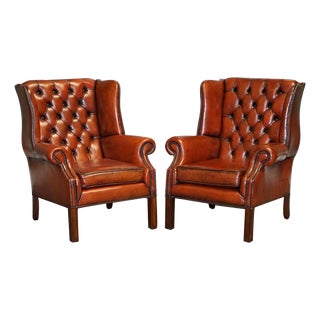 Hand-Dyed Burgundy Brown Leather Wingback Chairs, Set of 2 For Sale