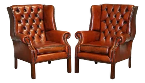 Hand-Dyed Burgundy Brown Leather Wingback Chairs, Set of 2