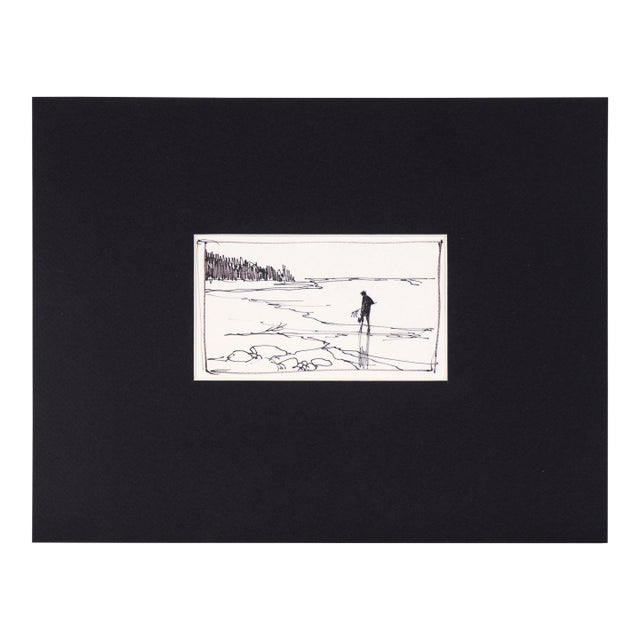 Beachcomber With Clam Rake - Line Drawing Landscape in Ink on Paper by Laurence Sisson For Sale