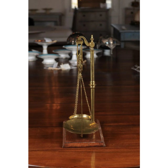 French French 19th Century Freestanding Brass Tea Scale Mounted on Wooden Base For Sale - Image 3 of 12