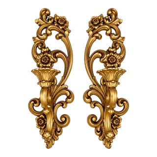 Vintage 1971 Homco #4138 Gold Rococo Floral Candle Sconces, Pair | Hollywood Regency For Sale