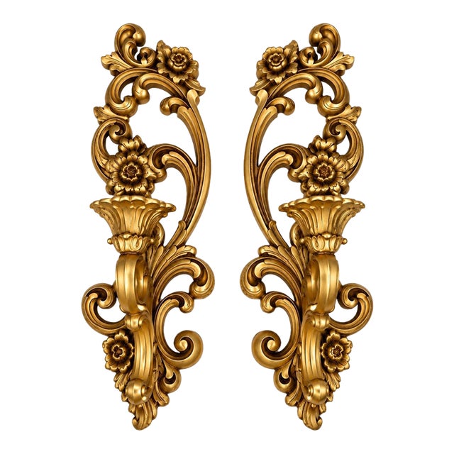 Vintage 1971 Homco #4138 Gold Rococo Floral Candle Sconces, Pair | Hollywood Regency For Sale