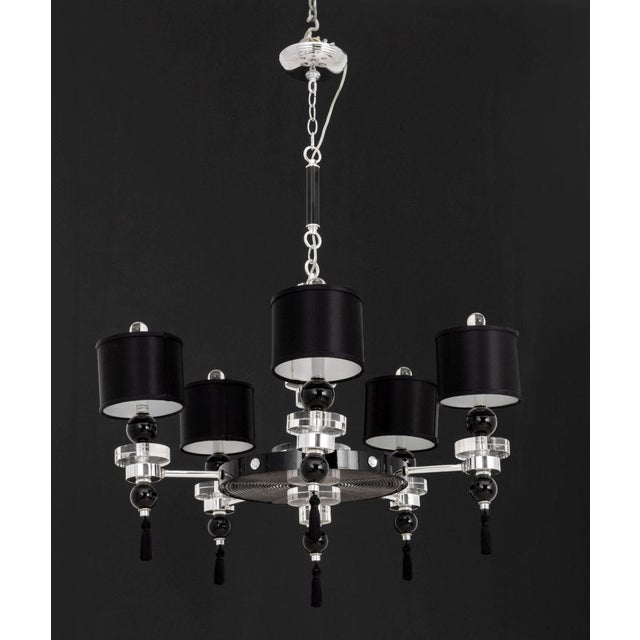 Postmodern Clear Acrylic and Chrome Five-Light Chandelier, the chrome support with with black resin spheres terminating in...
