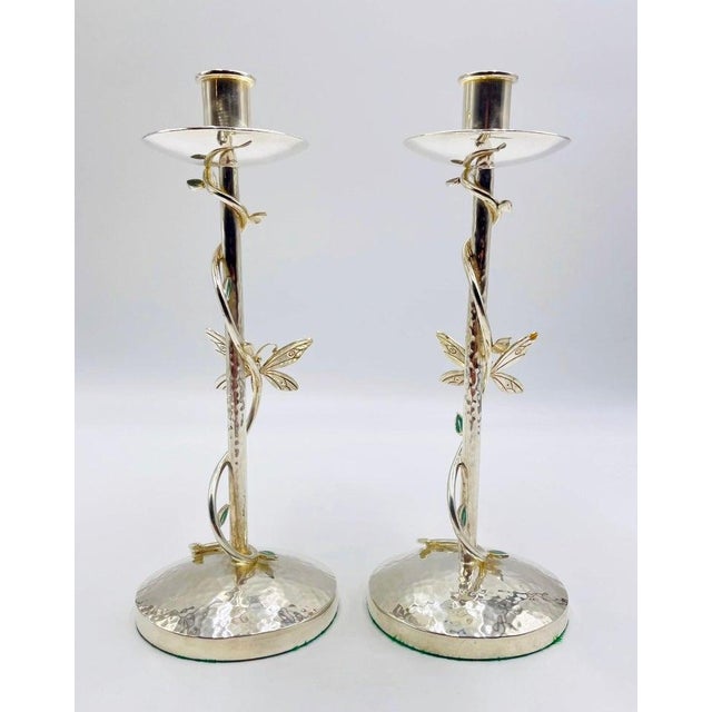 1980s Pair of Emilia Castillo Silver-Plated Candlesticks With Emerald Stone Inlay For Sale - Image 5 of 18
