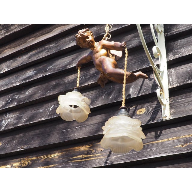 Antique French Cherub Pendant Light in Flying Putti and Glass Flower Shades, 1920s For Sale - Image 3 of 18