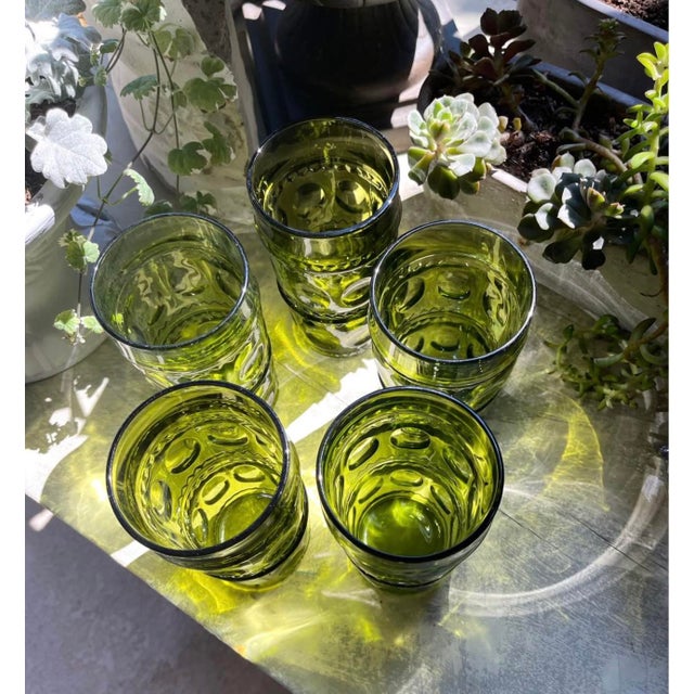 Art Deco MCM Vintage Pressed Glass Thumbprint Tumbler Retro For Sale - Image 3 of 12