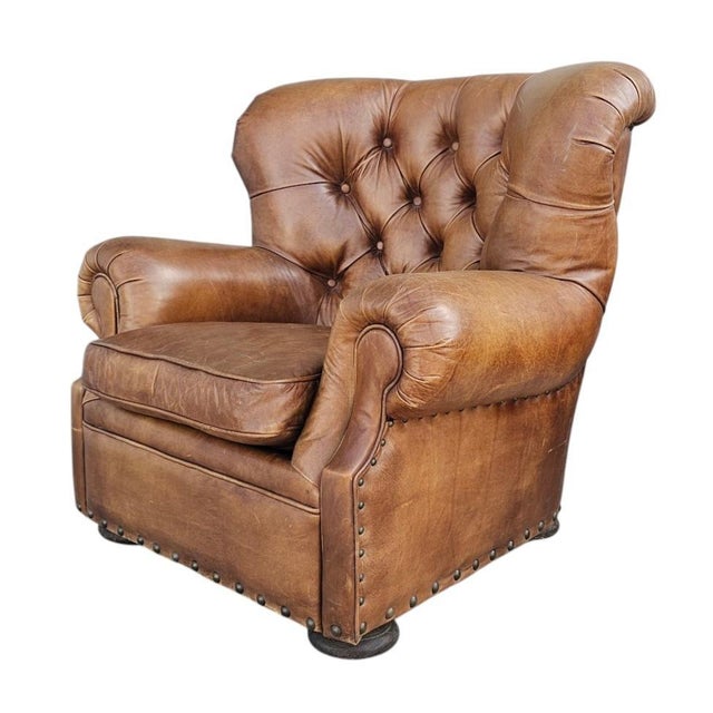 Brown Restoration Hardware Churchill Tufted Leather Chair With Ottoman For Sale - Image 8 of 12