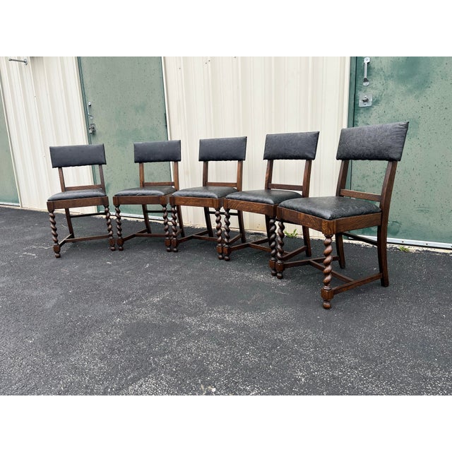 Gothic Antique Oak Barley Twist Dining Chairs- Set of 5 For Sale - Image 3 of 12