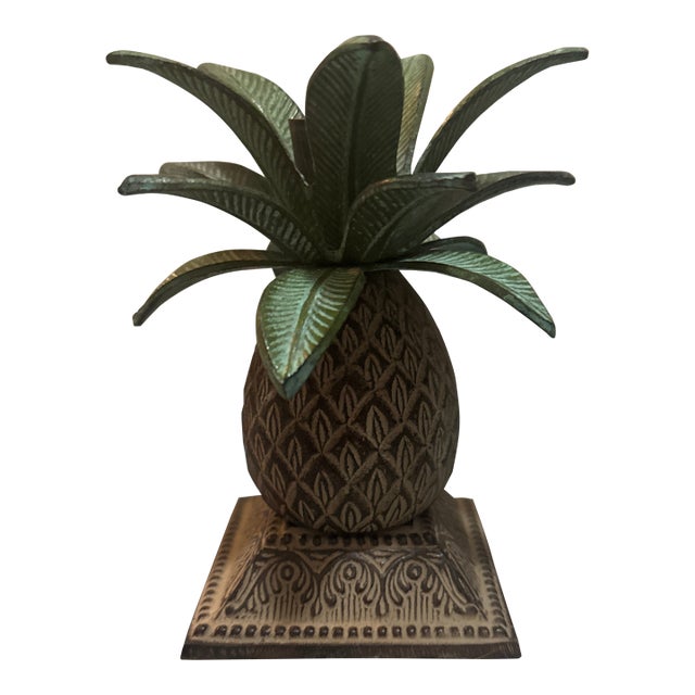 Vintage Tropical Brass Pineapple Candle Holder With Verdigris Patina For Sale
