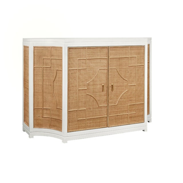 Contemporary Matthew Izzo Home Isabel Rattan and Matte White Lacquer Storage Cabinet With Greek Key Design and Brass Accents For Sale - Image 3 of 9