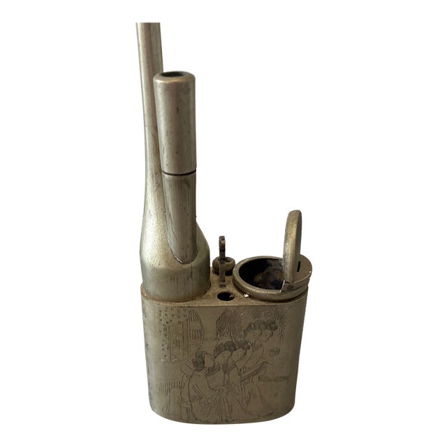 Antique Early-20th-Century Chinese Brass Water Pipe | 13.5″ Engraved Women & Script | Tobacco/Opium Style For Sale
