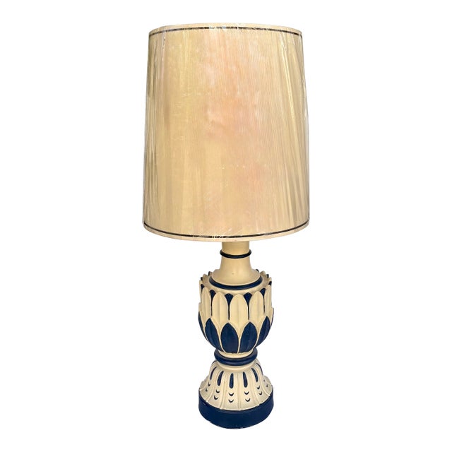 Mid- Century Modern Blue and White Lotus Leaf Plaster Lamp and Shade For Sale
