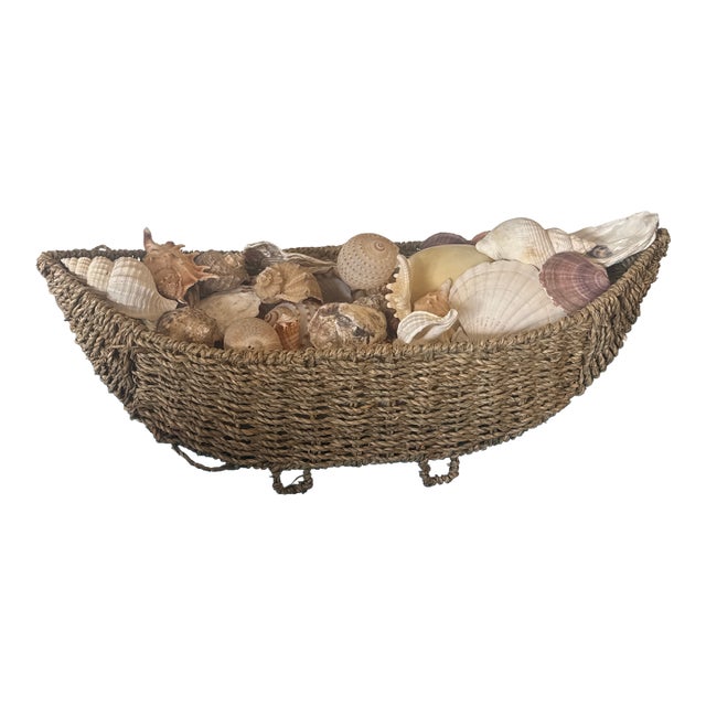 Noah’s Ark Coastal Centerpiece: Woven Boat Basket Overfilled With Sea Shells For Sale