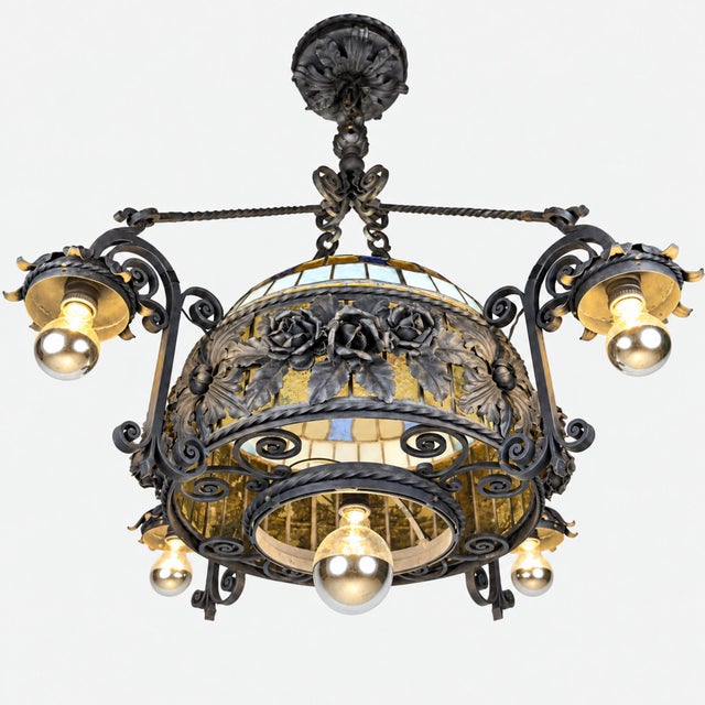 Art Nouveau Revival Wrought Iron Chandelier with Floral Stained Glass, Italy, 1950s For Sale - Image 15 of 18