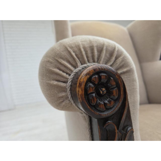 1950s Danish Wingback Armchair in Velour and Carved Oak, 1950s For Sale - Image 5 of 18