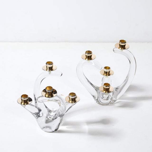 Pair of Mid-Century Amorphic Crystal & Brass 4 Arm Candelabras Signed Schneider For Sale - Image 13 of 15