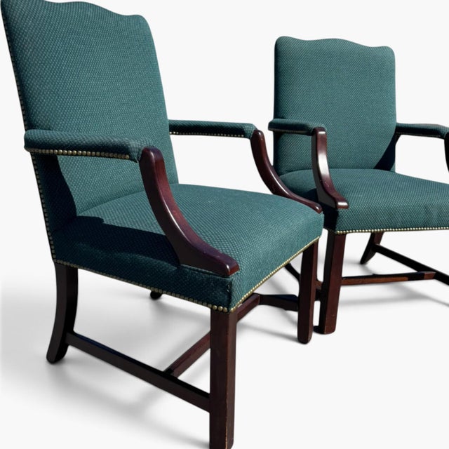 Stow & Davis Vintage Chippendale Mahogany Lolling Chairs – Pair Upholstered Armchairs – Stow & Davis For Sale - Image 4 of 10