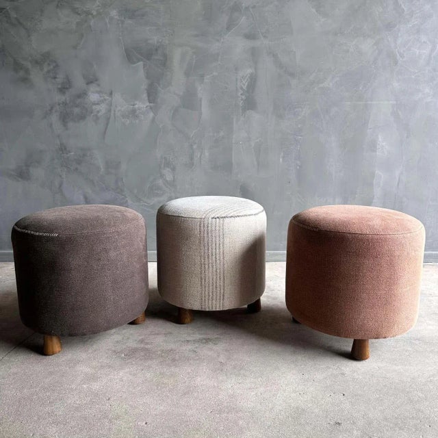 Bailey Round Stool in Linen Stripe With Hand Stitched Details and White Oak Legs For Sale - Image 10 of 10
