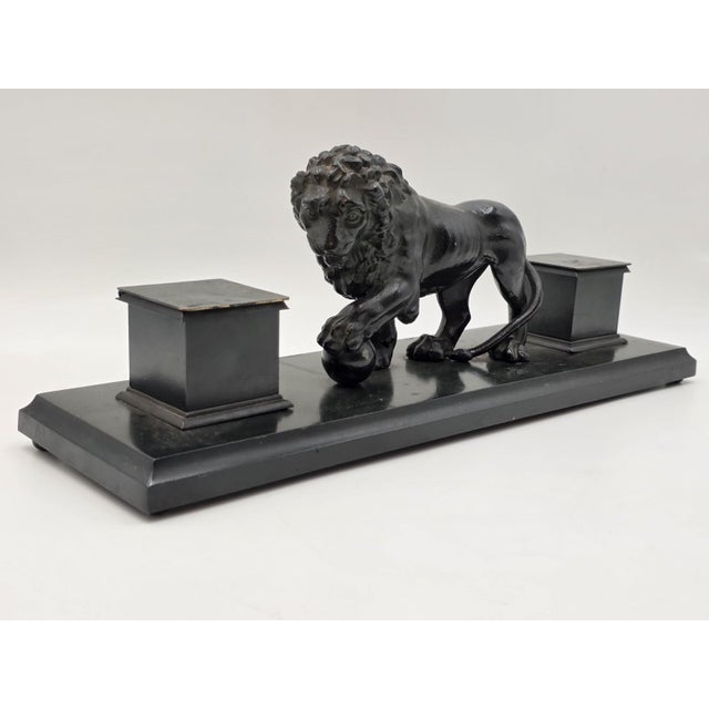 This 19th C Victorian Cast Iron Lion Double Inkwell Desk Set is a unique piece that exudes vintage charm and...