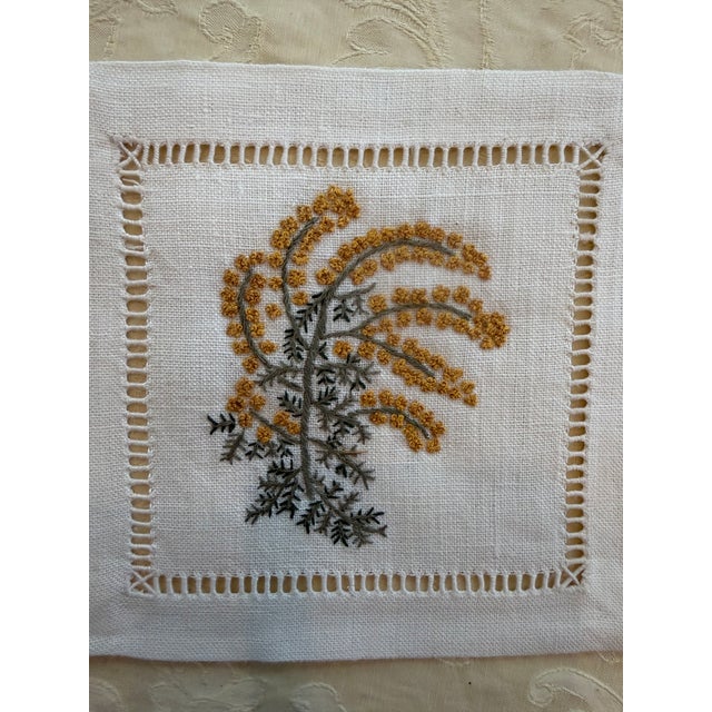 Mid-Century Modern 1990s Sferra Linen Embroidered Floral Cocktail Napkins - Set of 8 For Sale - Image 3 of 6