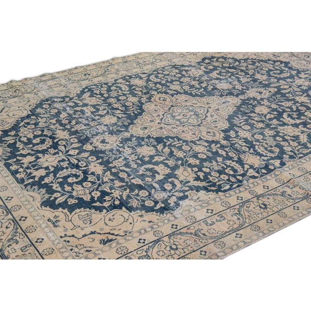 1950s Vintage Persian Handmade Wool Rug in Blue With Rosette Motif For Sale - Image 5 of 10