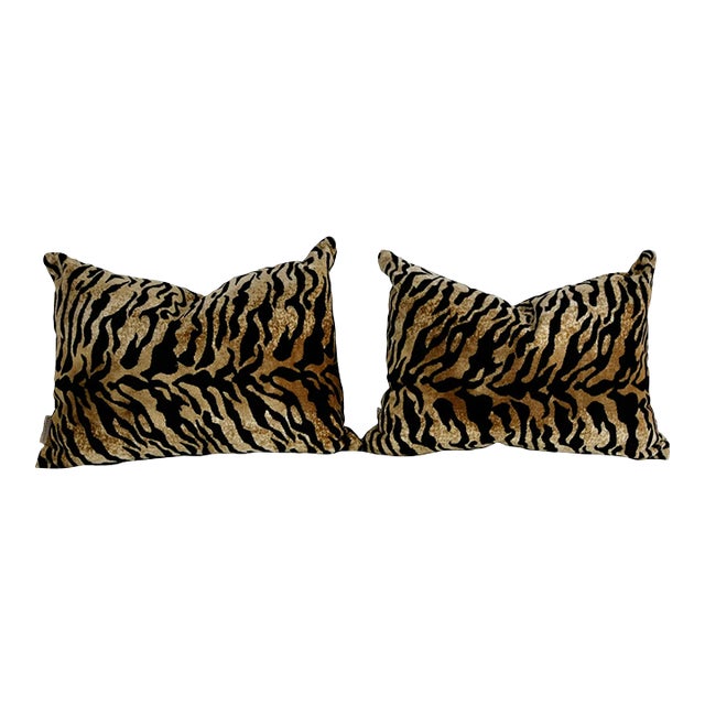 Vintage Tiger Striped Velvet Lumbar Pillows - A Pair For Sale