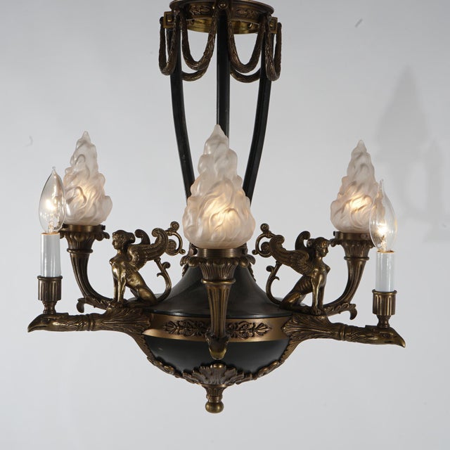 Bronze 1930s French Empire Bronzed & Ebonized Figural Sphinx 6-Light Chandelier For Sale - Image 8 of 11