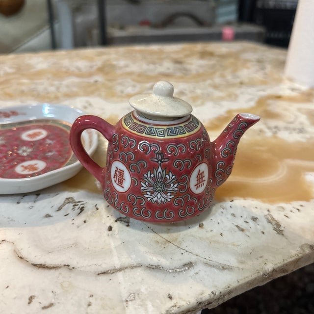 Vintage Miniature Set of Asian Ceramic Cups, Teapot, and Tray- 5 Pieces Total For Sale - Image 4 of 8