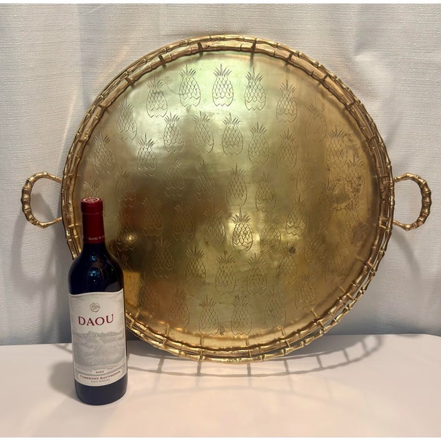 Mid-Century Modern Monumental 1970s Etched Pineapple & Faux Bamboo Brass Round Tray by Turtle and Crane - Styled After Jacques Garcia For Sale - Image 3 of 12