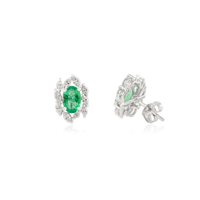 Not Yet Made - Made To Order Oval Cut Emerald and Diamond Cluster Earrings in 14k White Gold Finish- A Pair For Sale - Image 5 of 11