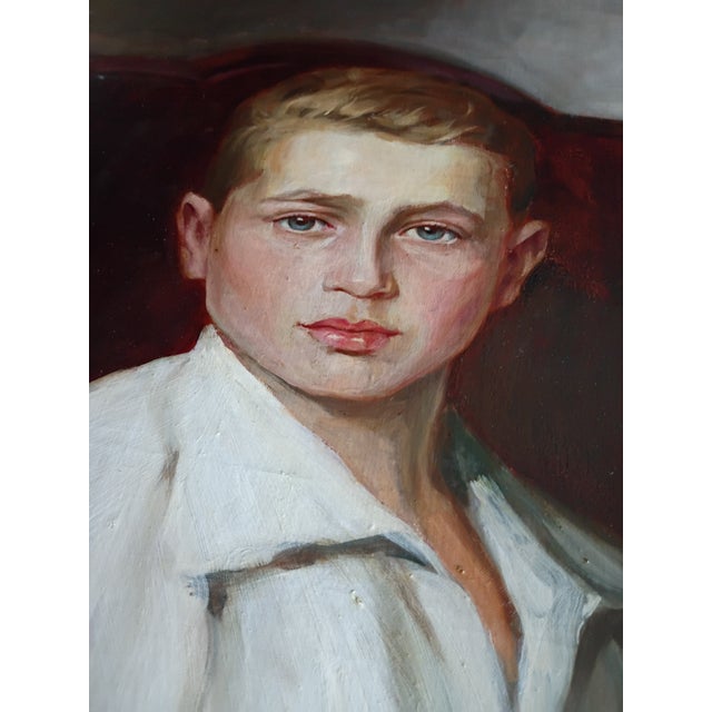 Wood Early 19th Century Realism Seated Boy Portrait Oil Painting by Margot Clark (Signed "Vargoss") – 34" X 41 For Sale - Image 7 of 15
