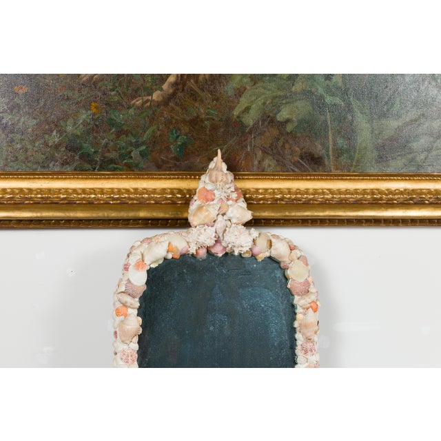 Glass American 1930s Shell Mirror with Pyramidal Crest and Pastel Tones For Sale - Image 7 of 11