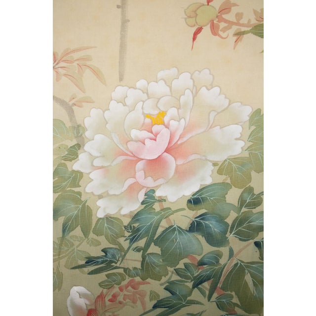 Showa Era Oda Hideaki, "Peonies and Blue Birds" Japanese Silk Scroll Painting For Sale - Image 4 of 15