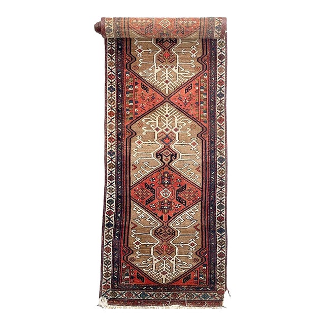 1920s LONG CAMEL HAIR Runner Terracotta & LIME Green Rug 3.4 x 16.3 For Sale