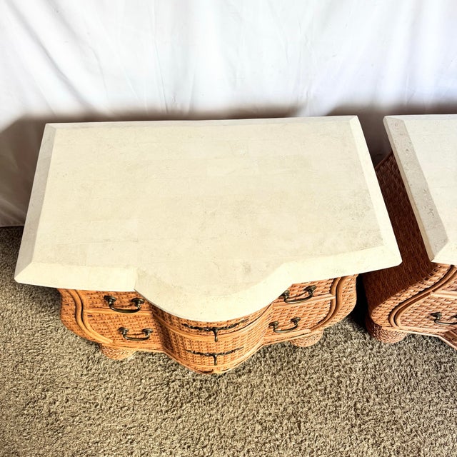 Brown Vintage Boho Chic Tessellated Stone Top Wicker Nightstands by Whitecraft, 2 Pieces For Sale - Image 8 of 9