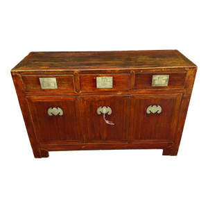 Chinese Qing Dynasty Period Middle 19th Century Sideboard Cabinet, Original Hardware and Patina, Three Drawers With Secrecy, Intriguing Lock