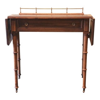 1970s Vintage Curved Drop Leaf Faux Bamboo Leather Top Writing Desk With Drawer For Sale