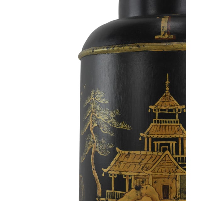 Black A Pair of Vintage English Export Chinoiserie Hexagonal Tea Caddies Table Lamps For Sale - Image 8 of 12