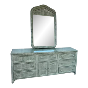 Henry Link Lexington Coastal Wicker Dresser and Mirror Set Circa 1980s - Newly Painted in Sage