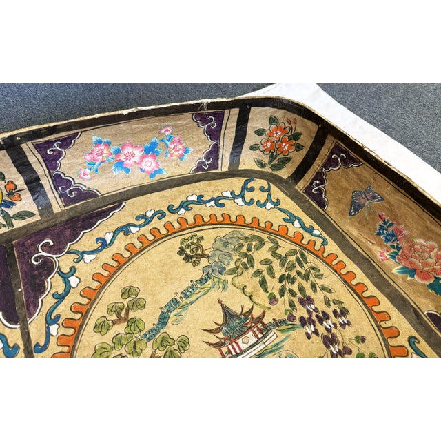 Purple Large Antique Papier-Mâché Decorative Platter With Hand Painted and Applied Decorations For Sale - Image 8 of 17