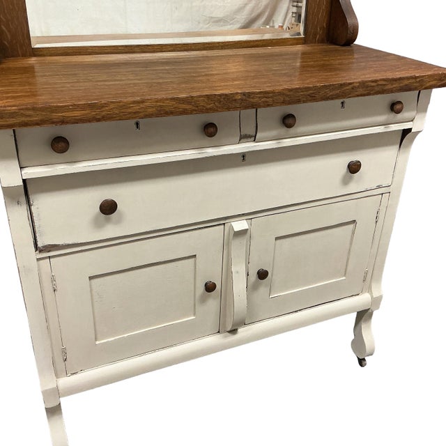 Vintage Petite Sideboard Buffet W Mirror Oak Wood Painted Canvas White Farmhouse For Sale - Image 4 of 11