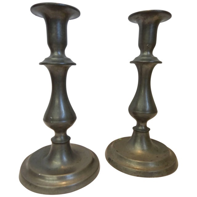 Metal Pair of Colonial Style Pewter Taper Candlesticks For Sale - Image 7 of 7