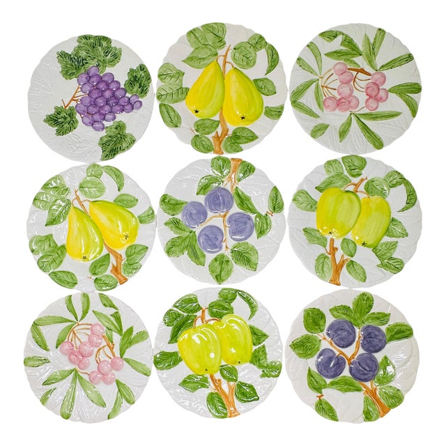 1980s Rare Shafford "Fruit Du Jour" Majolica-Style Hand-Painted Ceramic Plates - Set of 9 For Sale